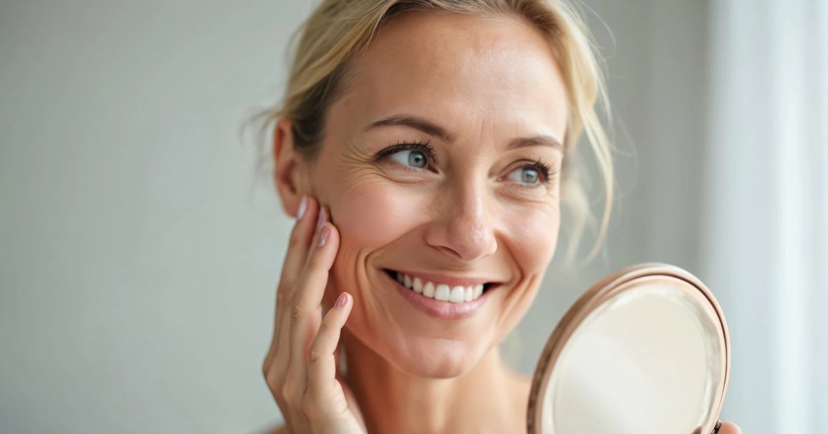 A mature blonde woman smiles while holding a copper-framed mirror, gently touching her cheek and checking her skin during Anti-Aging Treatments in Red Bank, NJ.